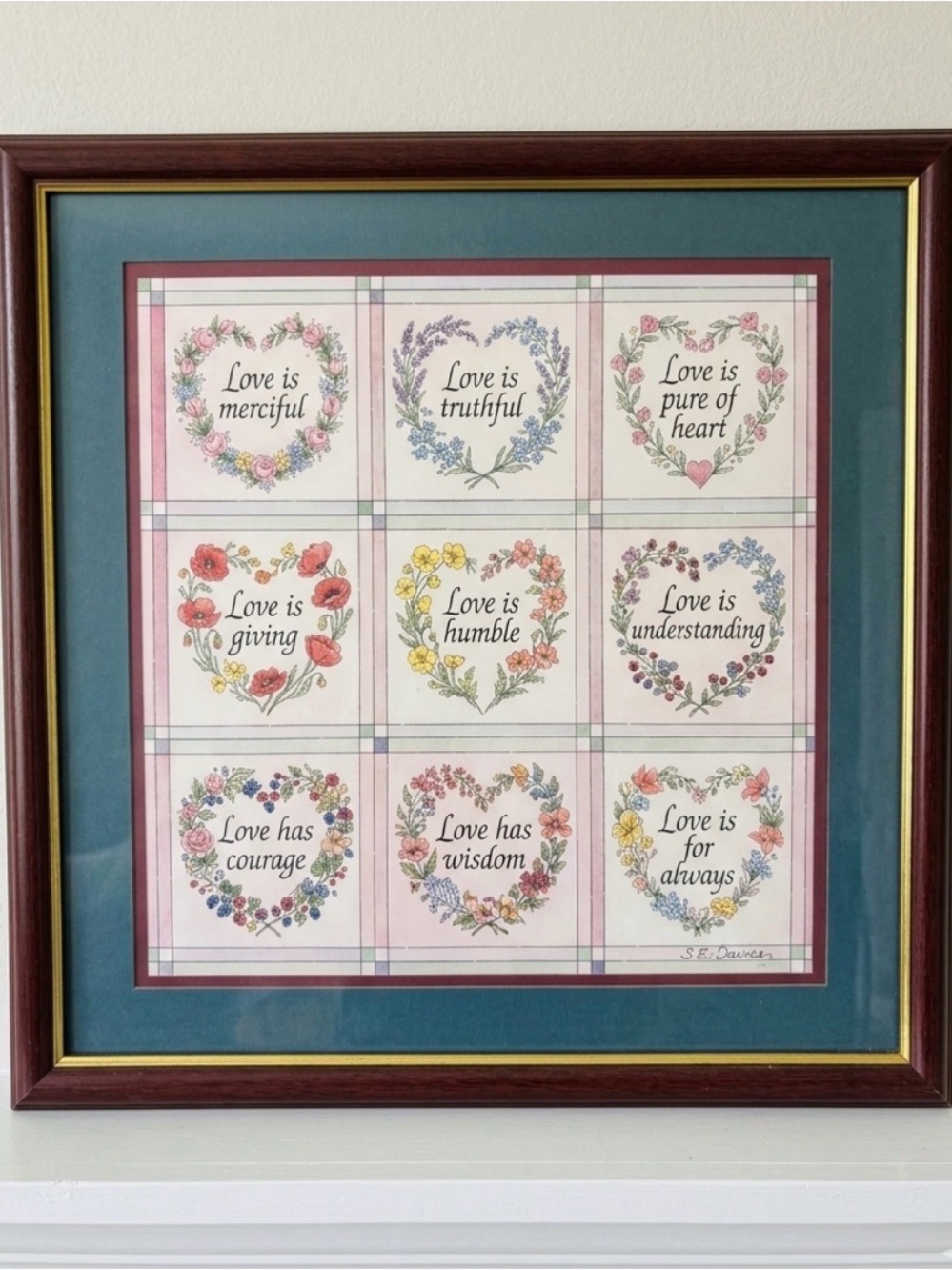 Framed Floral 'Love' Print Wall Art in Teal and Burgundy
